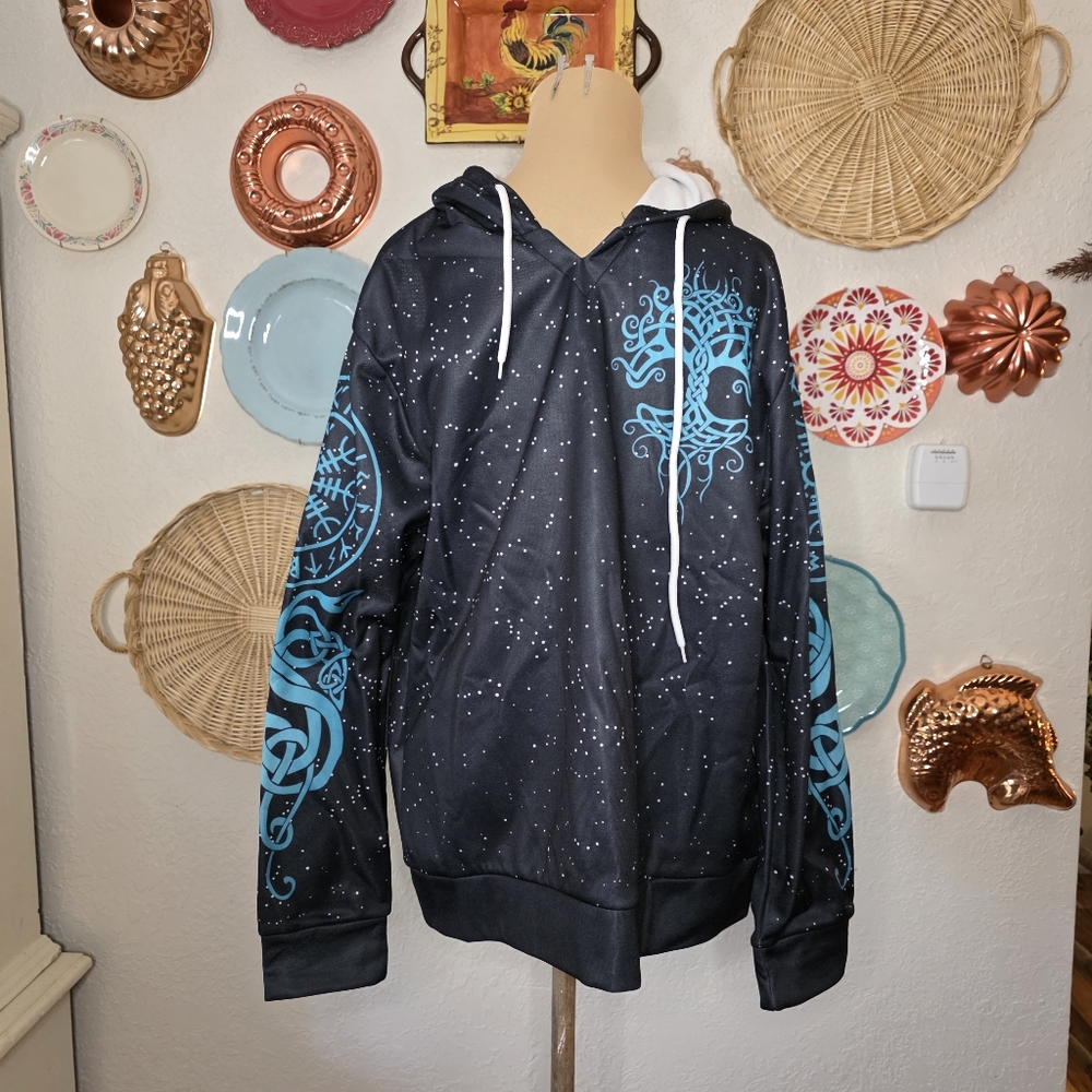 Black NWT Hoodie with Blue Viking Nordic Tree Of Life Rune Design